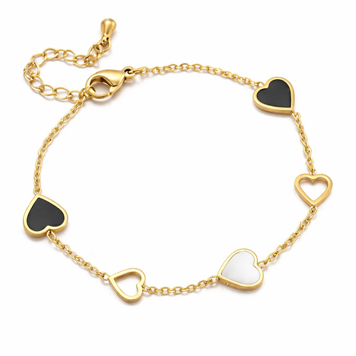 Gold Heart Charm Bracelet with Black and White Inlay